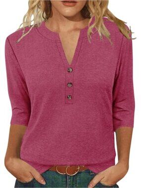 Women's 3/4 Sleeve V-Neck Button Tunic Blouse
